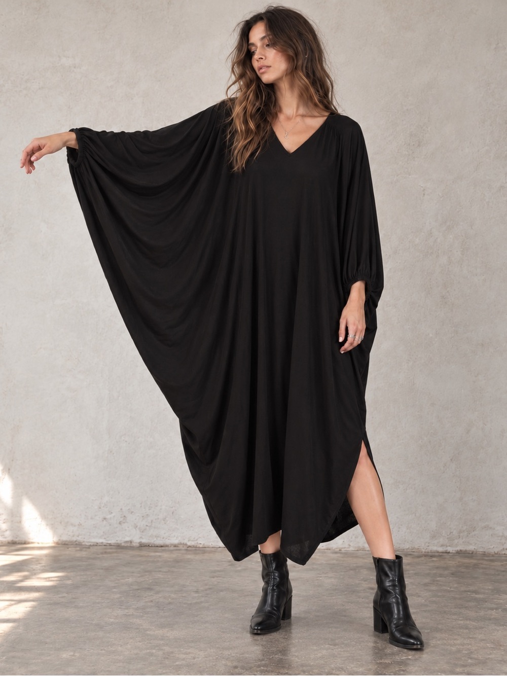 Vintage 60s 70s Peggy Lou California Black Caftan Maxi Dress Batwing One Size